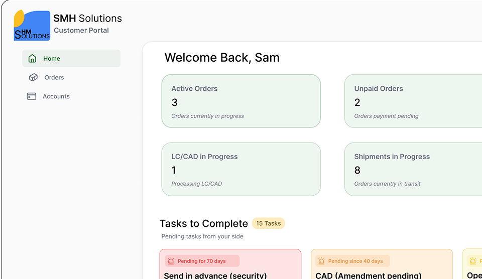 SMH Solutions customer portal dashboard